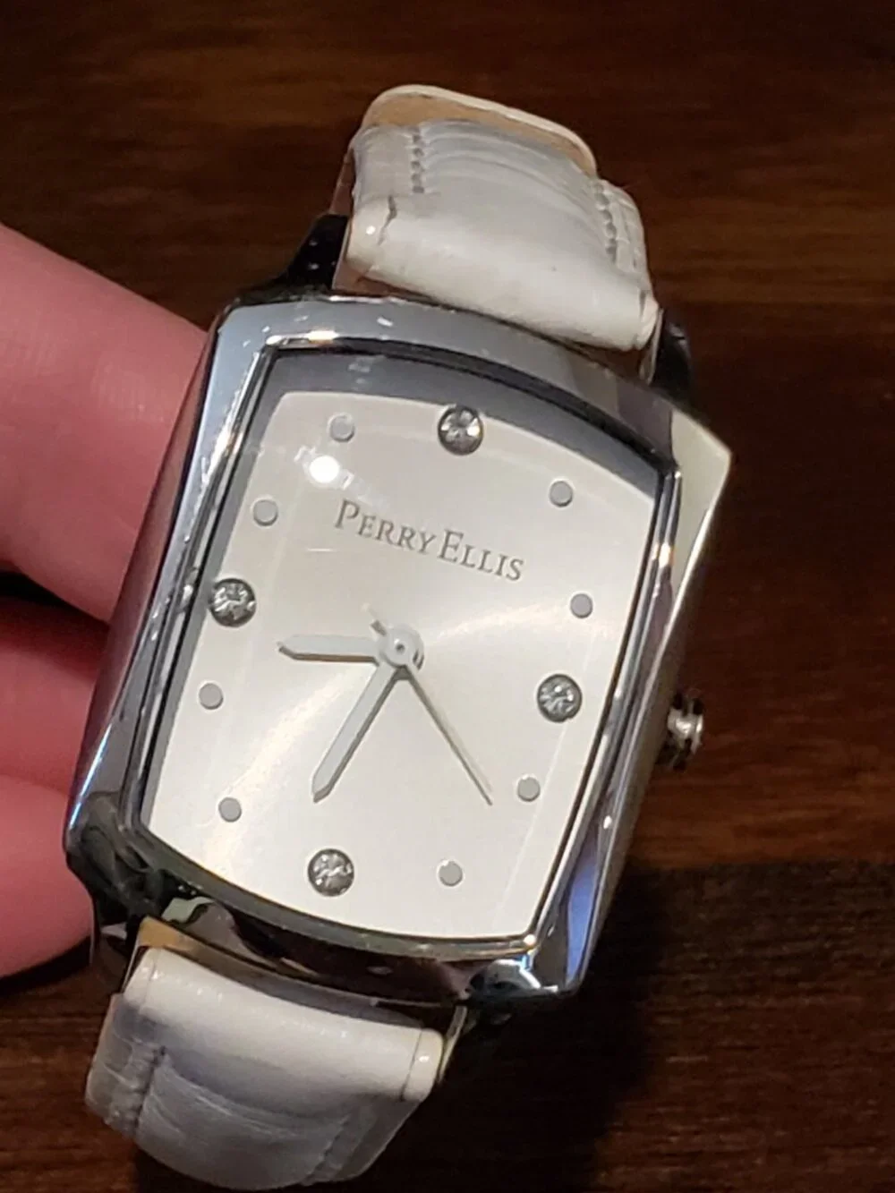 Perry Ellis White Leather Band Silver Rectangle Face Diamond Accent Wrist Watch